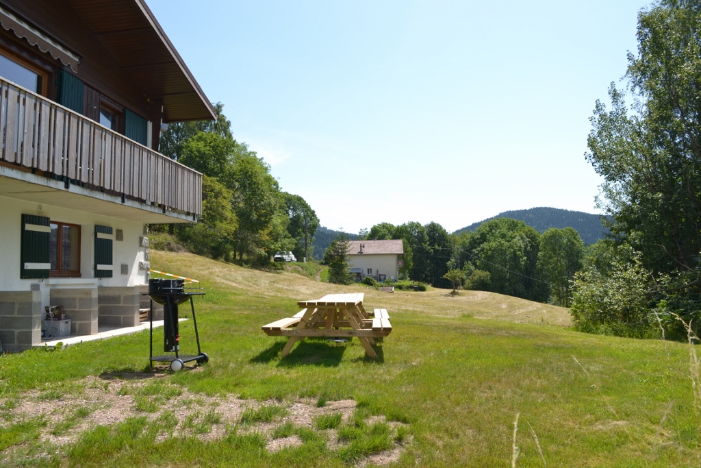 Le jardin du chalet avec des tables et un barbecue