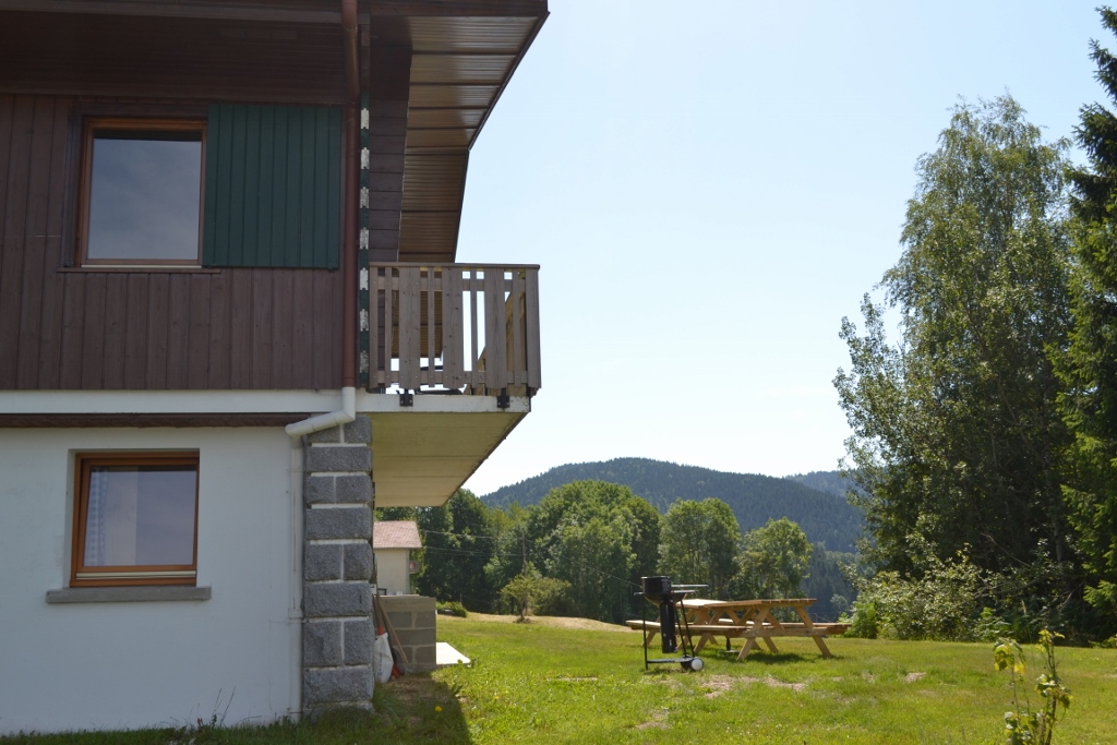 L’angle droit du chalet, avec en arrière-plan la forêt et les montagnes