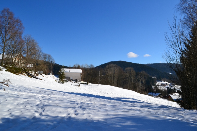 L’étendue à côté du chalet en plein hiver